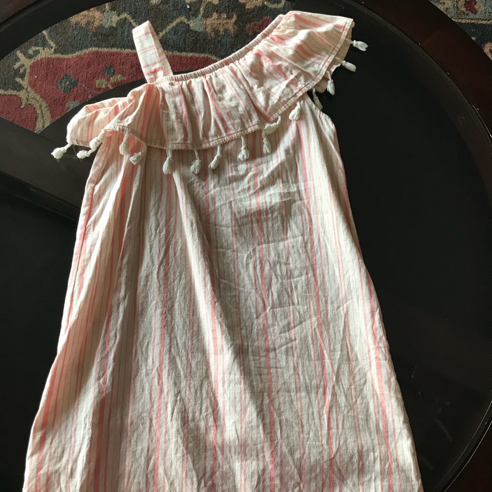 Pink and white striped one shoulder dress.